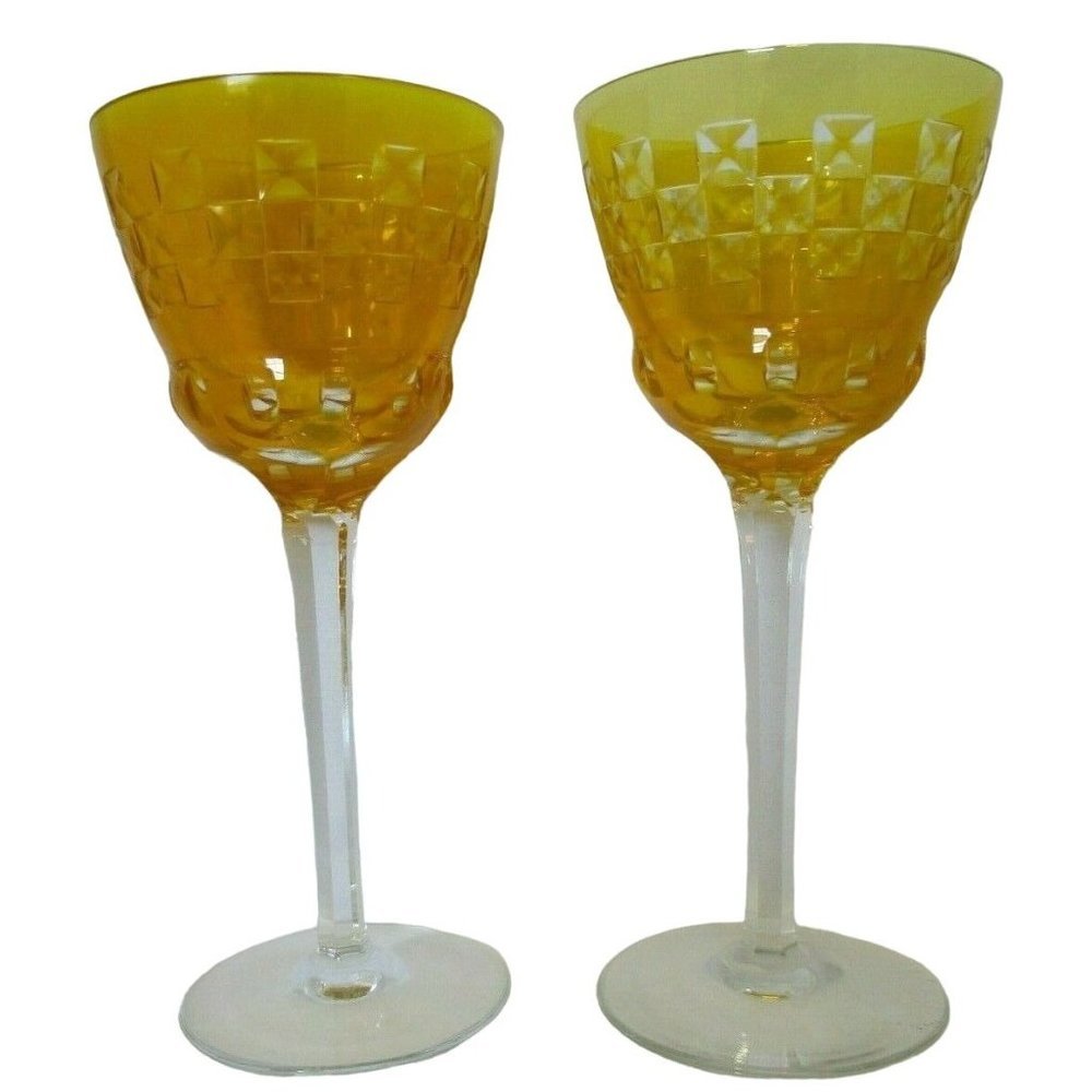Vintage Bohemian Yellow Cased Cut to Clear X in Square Pattern Wine Pair - Picture 5 of 12